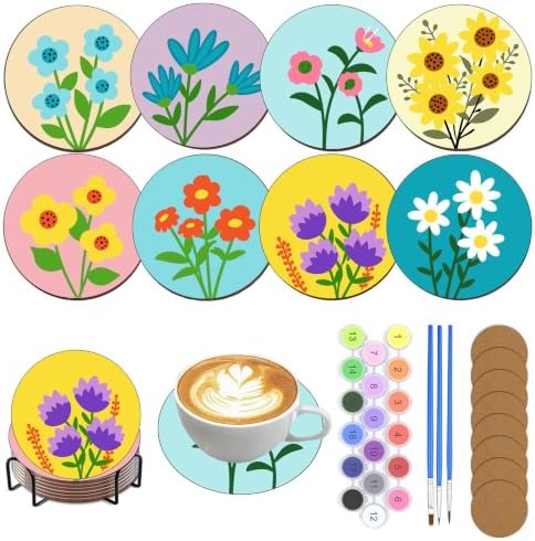 8 Pack Floral Paint by Numbers Kits Coasters with Holder Cork Pads by Unknown