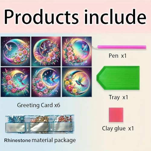 Diamond Art Cards with Envelopes–6PCS DIY Diamond Painting Greeting Cards Kit | Card Making Kit with Bling for Adults & Beginners | Birthday,Holiday & Thank You Cards (Hummingbird and Moon) - Image 5