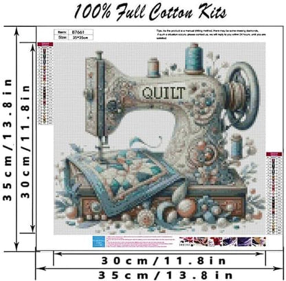 Sewing Machine Stamped Cross Stitch Kits - Vintage Sewing Machine Counted Cross Stitch Kits for Adults, Needlepoint Cross-Stitch Patterns Dimensions Needlecrafts Embroidery Kits 13.7x13.7 Inches - Image 2