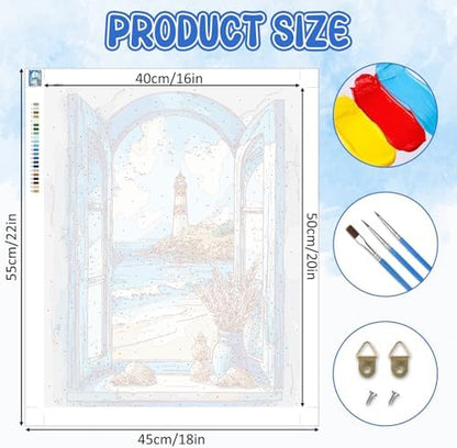 RICUVED Beach Paint by Numbers for Adults, Window View Paint by Numbers Kit for Adults Beginners, Seaside DIY Acrylic Lighthouse Oil Painting on Canvas Easy for Gift Home Wall Decor 16x20 Inch - Image 4