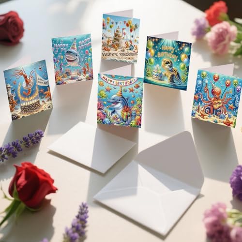 jinglinhh 6pcs Diamond Art Painting Birthday Cake Ocean Lobster Shark Dolphin Sea Turtle Shark Greeting Cards with Envelopes, DIY Card Making Kits for Adults, Diamond Art Christmas Cards Craft Gifts - Image 6