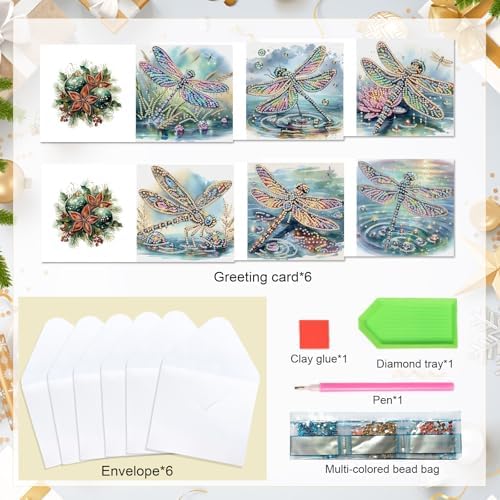 6 Pcs 5D Diamond Painting Greeting Cards Kits Dragonfly, Handmade Festival Greeting Cards with Envelopes DIY Diamond Art Crafts Birthday Cards Shimmer Design for Birthdays Holidays (30x15cm) - Image 3