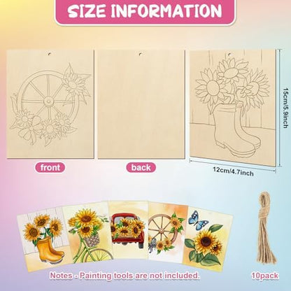 COCHIE 10 Pieces Large Sunflowers Unfinished Wood Crafts to Paint for Adults, Bulk Predrilled Wooden Ornaments for Painting, Summer Sunflower Paintable Wood Slices Craft Supplies with Ropes - Image 2