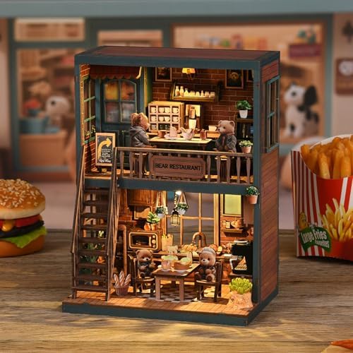 Book Nook Kit, DIY Miniature House Kit for Adult and Teens, 3D Wooden Puzzle Booknook Bookshelf Decor with LED Lights, Gift for Family, Friends, Age 14+ (Bear Restaurant) by MOSTCLOUD
