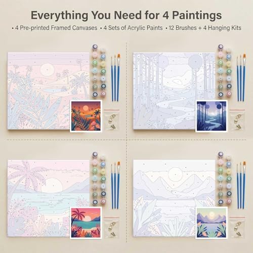 Amphol 4 Pack Framed Paint by Numbers Kit for Adults - Easy Landscape Silhouettes DIY Acrylic Paint by Number on Framed Canvas for Beginners, Relaxing Arts, Great for Home Wall Decor Gift 10"x10" - Image 7