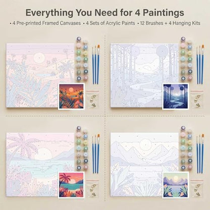 Amphol 4 Pack Framed Paint by Numbers Kit for Adults - Easy Landscape Silhouettes DIY Acrylic Paint by Number on Framed Canvas for Beginners, Relaxing Arts, Great for Home Wall Decor Gift 10"x10" - Image 7