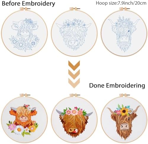 Louise Maelys 3 Pack Highland Cow Embroidery Kit for Beginners Floral Art - Image 3