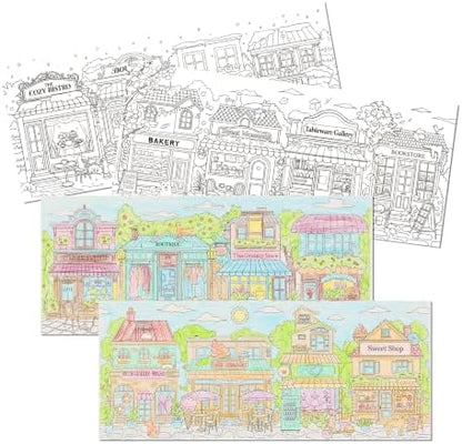 Birthday Coloring Cards, 4 Unique Blank Greeting Card Set with Streetscape, Season&Storefront, DIY Art Craft for Kids, Adults, Holiday Gift Ideas for Mom, Friends, Thank You&Greeting Card Collection by VYRANA