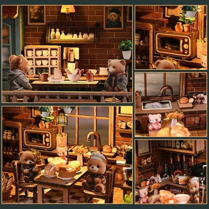 Book Nook Kit, DIY Miniature House Kit for Adult and Teens, 3D Wooden Puzzle Booknook Bookshelf Decor with LED Lights, Gift for Family, Friends, Age 14+ (Bear Restaurant) - Image 7
