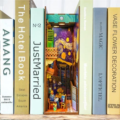 Tonecheer DIY Book Nook Kit for Adults,3D Wooden Puzzle Bookend Bookshelf Insert Library Decor, Booknook Miniature House Kit with Body Motion Sensor LED Light (Vincent's World) - Image 6