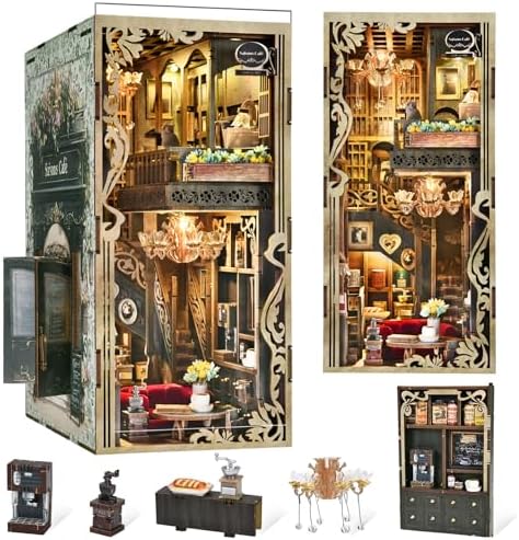 MiniCity Book Nook Kit, DIY Miniature Dollhouse Book Nook Kit with Dust Cover and LED Light (Saisons Café) by MiniCity