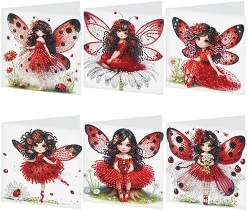 LazyFold 6 Pcs Diamond Art Painting Greeting Cards Kits, Red Fairy Handmade Festival Greeting Cards with Envelopes Diamond Art Crafts Birthday Cards Creative Gift by LazyFold