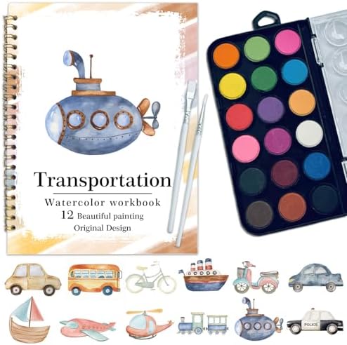 Watercolor Workbook, Water Coloring Book, 12 Different Patterns of Original DIY Designs, 18 Colors Watercolor Paint Set, Beginner-Friendly Watercolor Workbooks(Transportation), Perfect Gifts for Adult by Unknown