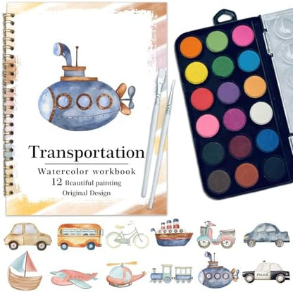 Watercolor Workbook, Water Coloring Book, 12 Different Patterns of Original DIY Designs, 18 Colors Watercolor Paint Set, Beginner-Friendly Watercolor Workbooks(Transportation), Perfect Gifts for Adult by Unknown