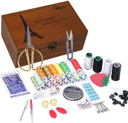 Wooden Sewing Kit Box, Wooden Sewing Box with Sew Kit Accessories by Unknown