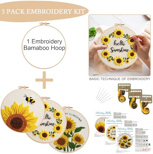 Nuberlic 3 Pack Embroidery Kit for Beginners with Sunflower Pattern - Image 3