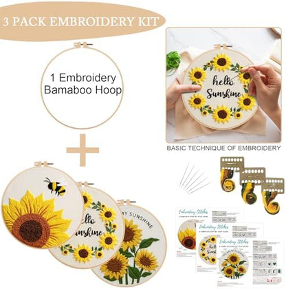 Nuberlic 3 Pack Embroidery Kit for Beginners with Sunflower Pattern - Image 3