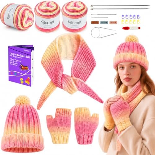 Knitting Kit for Beginners, Complete Starter Kit for Scarf, Hat, Gloves by Kitcroet