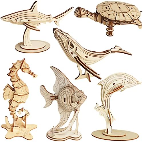 3D Wooden Sea Animal Puzzle, 6 Piece Set Wood Sea Animals Skeleton DIY Assembly Model Kits, Wooden Crafts Brain Teaser Puzzle, STEM Gifts for Adults & Teens Birthday Gifts Xmas by i-CHONY
