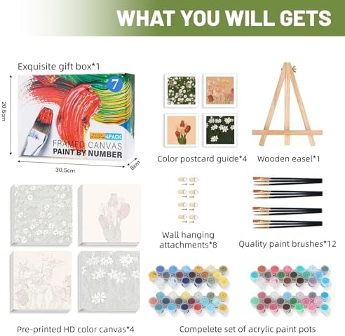 4 Pack Framed Paint by Numbers Kit for Adults Beginner with Wooden Easel, Vintage Flowers Easy Paint by Numbers with Frame, DIY Floral Number Painting for Adults Canvas for Home Decor Gift 10x10 Inch - Image 4