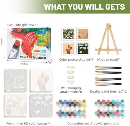 4 Pack Framed Paint by Numbers Kit for Adults Beginner with Wooden Easel, Vintage Flowers Easy Paint by Numbers with Frame, DIY Floral Number Painting for Adults Canvas for Home Decor Gift 10x10 Inch - Image 4