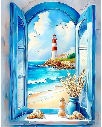 RICUVED Beach Paint by Numbers for Adults, Window View Paint by Numbers Kit for Adults Beginners, Seaside DIY Acrylic Lighthouse Oil Painting on Canvas Easy for Gift Home Wall Decor 16x20 Inch by RICUVED