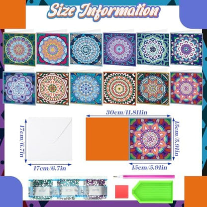 Saillong 12 Pack Mandala Diamond Painting Greeting Card Kits DIY Diamond Art Cards with Envelopes Flower 5D Rhinestones Painting Kits for Adults DIY Crafts Family Friend Birthday Gifts - Image 4