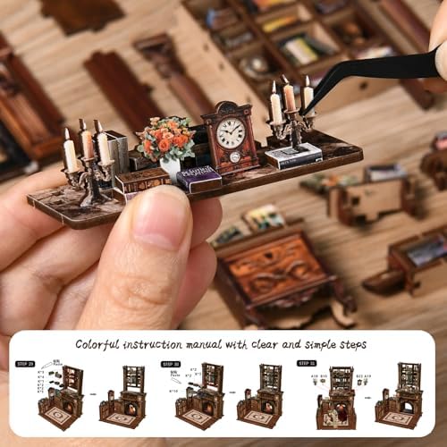 DIY Miniature House Kit, Library Book Nook Kit, 3D Wooden Puzzles Bookshelf Craft Kits, Dollhouse Kit with LED Light, Mini Building Kit for Adults Teen to Build (Twilight Library) - Image 6