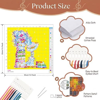 Cute Woman with Books Stamped Cross Stitch Kits for Beginner 13.7x13.7 Inch - Image 6