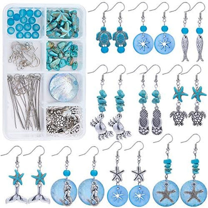 SUNNYCLUE 1 Box DIY 10 Pairs Starfish Mermaid Turquoise Earring Making Starter Kit Ocean Beach Summer Theme Earrings Synthetic Turquoise Beads Turtle Fish Crab Slipper Charm for DIY Jewelry Making by SUNNYCLUE