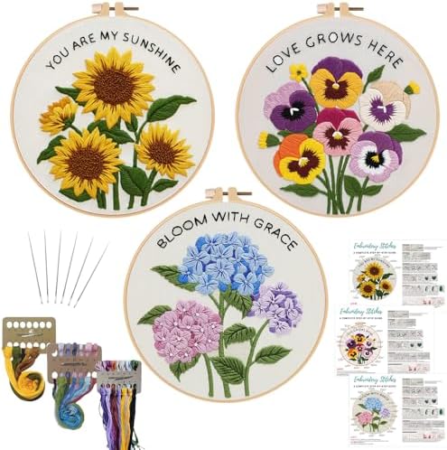 Nuberlic 3 Pack Embroidery Kit for Beginners, Floral Cross Stitch Kit by Nuberlic