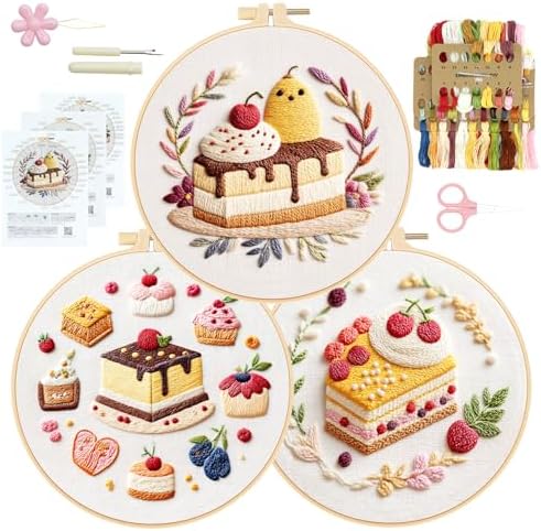 RidaaFri Embroidery Kit for Beginners, 3PC Starter Set Cake Fruit Patterns by RidaaFri