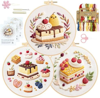 RidaaFri Embroidery Kit for Beginners, 3PC Starter Set Cake Fruit Patterns by RidaaFri