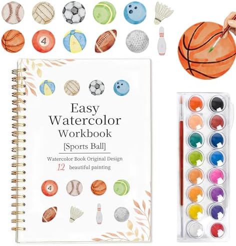 Easy Watercolor Workbook for Beginners - 12 Beautiful Step-by-Step Paintings Water Coloring Book, Includes 16 Colors Paints, Relaxing Art Projects and Creative Gift for Adults & Teen (Sports Ball) by Yangmics+Direct