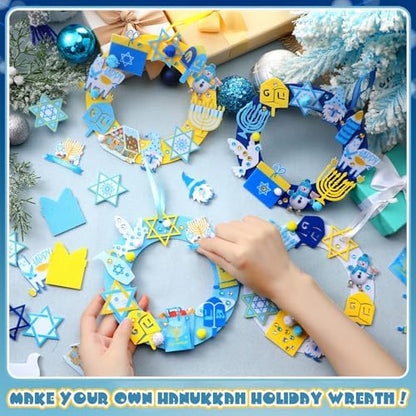 Wavwavw 472 Pcs Hanukkah Craft Kits Hanukkah DIY Wreath Craft Kit Chanukah Wreath Arts Decorations with Menorah Dreidel Gnome Stickers for Indoor Outdoor Home Party Favors - Image 4