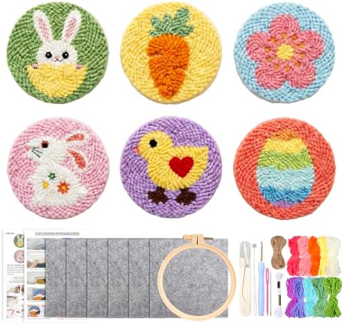AnyDesign Easter Punch Needle Coaster Kits Cartoon Bunny Rabbit Chick Egg Crafts Coasters with Adhesive Felt Yarns Embroidery Hoop Instruction for Adults Beginners Spring DIY Decor by AnyDesign