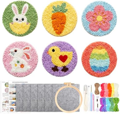 AnyDesign Easter Punch Needle Coaster Kits Cartoon Bunny Rabbit Chick Egg Crafts Coasters with Adhesive Felt Yarns Embroidery Hoop Instruction for Adults Beginners Spring DIY Decor by AnyDesign