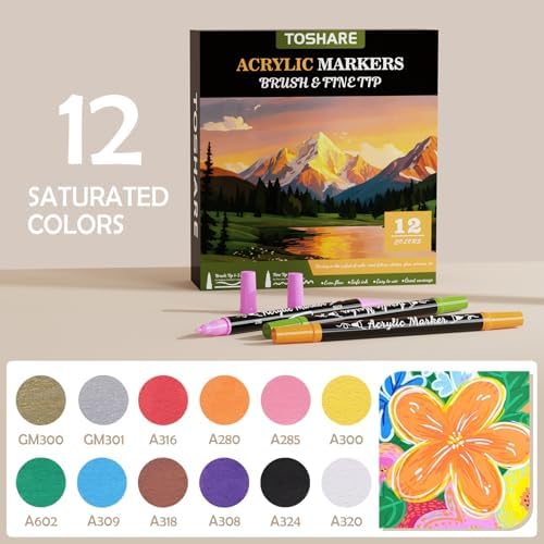 12 Colors Precision Dual Tip Acrylic Paint Markers Pens - Brush & Fine - Image 2