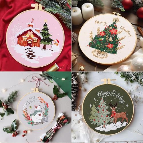 Huacan Embroidery Kits for Adults Beginner 4 Pcs Stamped Christmas Tree Pattern Stitching DIY Sewing Kit 7.9 x 7.9 Inch - Image 4
