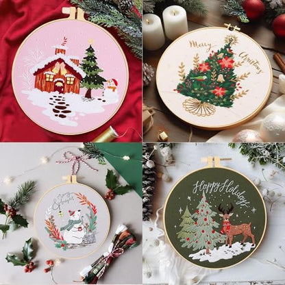 Huacan Embroidery Kits for Adults Beginner 4 Pcs Stamped Christmas Tree Pattern Stitching DIY Sewing Kit 7.9 x 7.9 Inch - Image 4