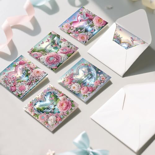 6 Pack Diamond Art Greeting Cards with Envelopes, Flowers and Hummingbirds DIY 5D Diamond Painting Card Kit, Handmade Rhinestone Postcards for Birthday & Valentine’s Day Wishes (30x15cm) - Image 7