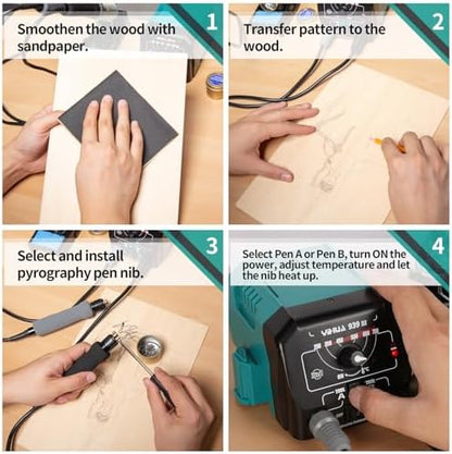 YIHUA 939 III Dual Pen Pyrography Station 2-in-1 Wood-Burning Tool with Two Wood-Burning pens 250-750°C Temperature Adjustable 20 Detailer nibs and 7 Essential Accessories and Tools Included - Image 6