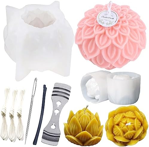 2PCS Lotus Sphere Candle Molds with Mold Punch Needle Large-Eye Wicking Needle for Candle Making Lotus Flower Ball Mold for Decoration Scented Candle DIY Clay Craft Soap Flower Specimen by Nimozekd
