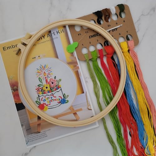 Esffaci Embroidery Starter Kit for Adult Beginner with Birthday Cake Flowers Pattern Hand Embroidery Set with Cloth Hoop Needle Threader Floss and Instruction - Image 2