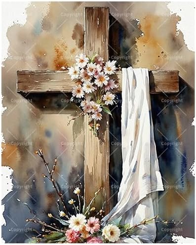 Religious Paint by Numbers Kit for Adults - DIY Cross with Flowers and Cloth Painting on Canvas, Acrylic Paint Set, Suitable for Beginners, Religious Art for Home Decoration or Gifts(12X16IN Framed) by Unknown