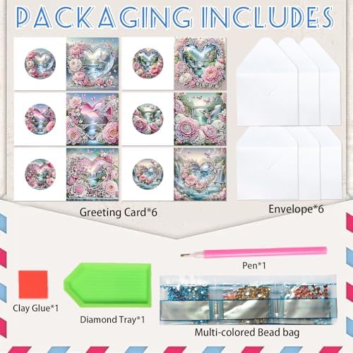 6 Pack Diamond Art Greeting Cards with Envelopes, Flowers and Hummingbirds DIY 5D Diamond Painting Card Kit, Handmade Rhinestone Postcards for Birthday & Valentine’s Day Wishes (30x15cm) - Image 3