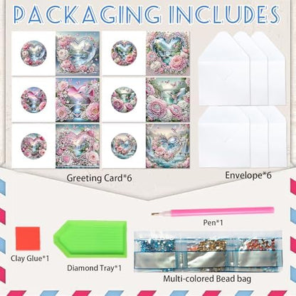 6 Pack Diamond Art Greeting Cards with Envelopes, Flowers and Hummingbirds DIY 5D Diamond Painting Card Kit, Handmade Rhinestone Postcards for Birthday & Valentine’s Day Wishes (30x15cm) - Image 3
