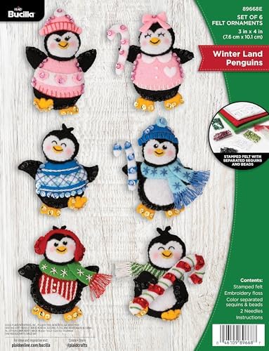 Bucilla Felt Applique 6 Piece Ornament Making Kit, Winter Land Penguins, Perfect for DIY Arts and Crafts, 89668E by Bucilla