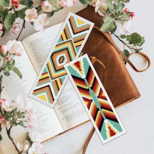 BEUNITONE Cross Stitch Bookmarks Kit 6 Pcs Geometric Pattern DIY Bookmarks Cross Stitch Kits for Beginners Boho Floral Fabric Bookmark Kit Traditional Decorative Counted Knitting Kit 8''x2.4'' - Image 7