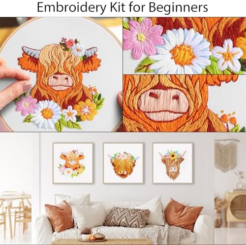 Louise Maelys 3 Pack Highland Cow Embroidery Kit for Beginners Floral Art - Image 4
